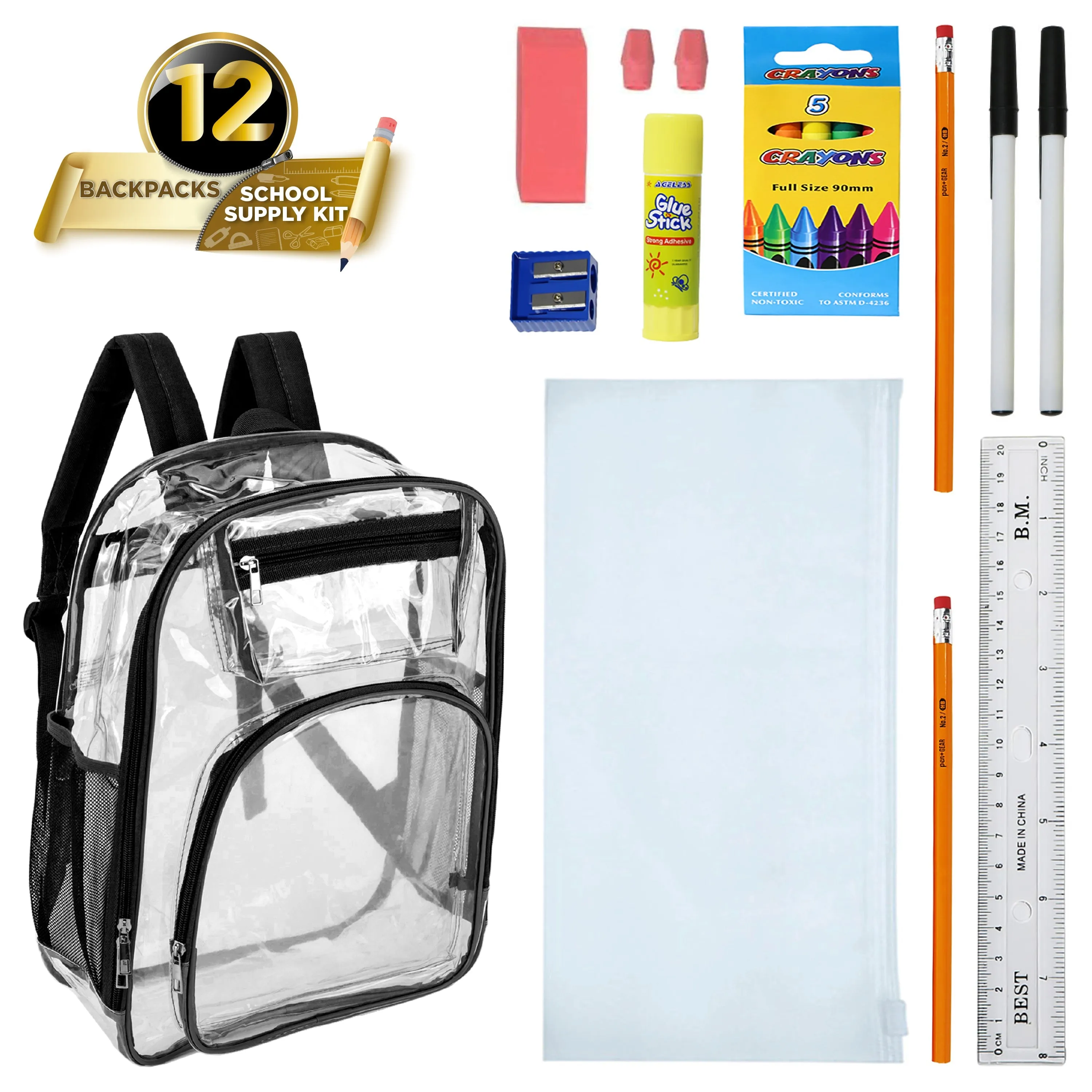17" Premium Wholesale Clear Backpacks w/Black Trim & 12 Bulk School Supply Kits of Your Choice