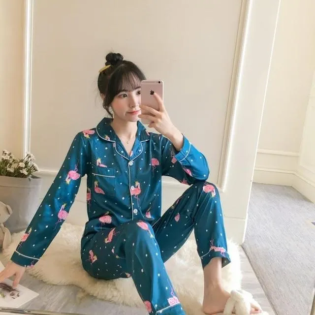 2019 Autumn Women's Pajamas Sets with Flower Print Fashion Luxury Female Faux Silk Two Pieces Shirts   Pants Nighties Sleepwear