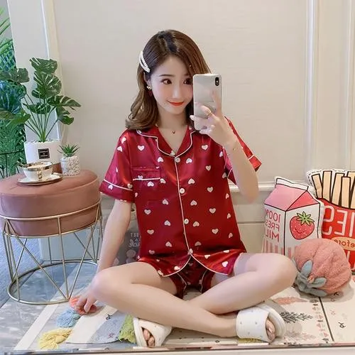 2019 Autumn Women's Pajamas Sets with Flower Print Fashion Luxury Female Faux Silk Two Pieces Shirts   Pants Nighties Sleepwear
