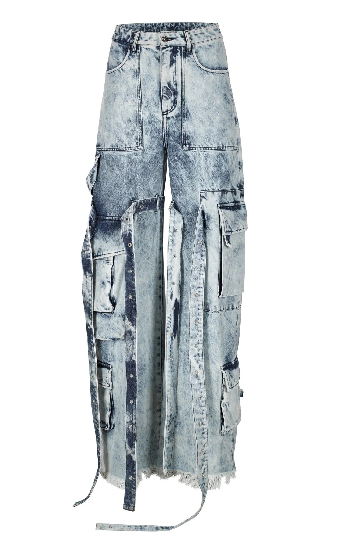 ACID WASH DENIM MULTI POCKET CARGO TROUSERS