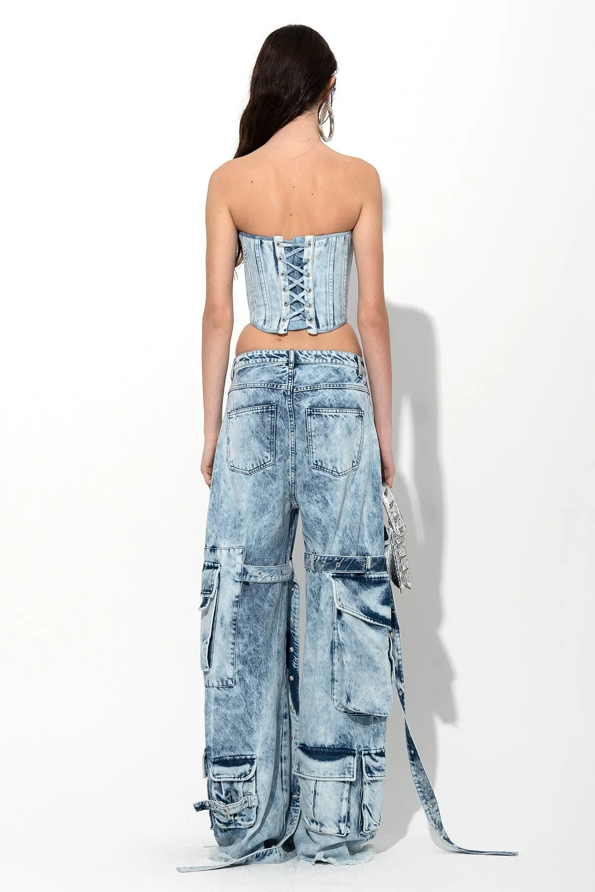 ACID WASH DENIM MULTI POCKET CARGO TROUSERS