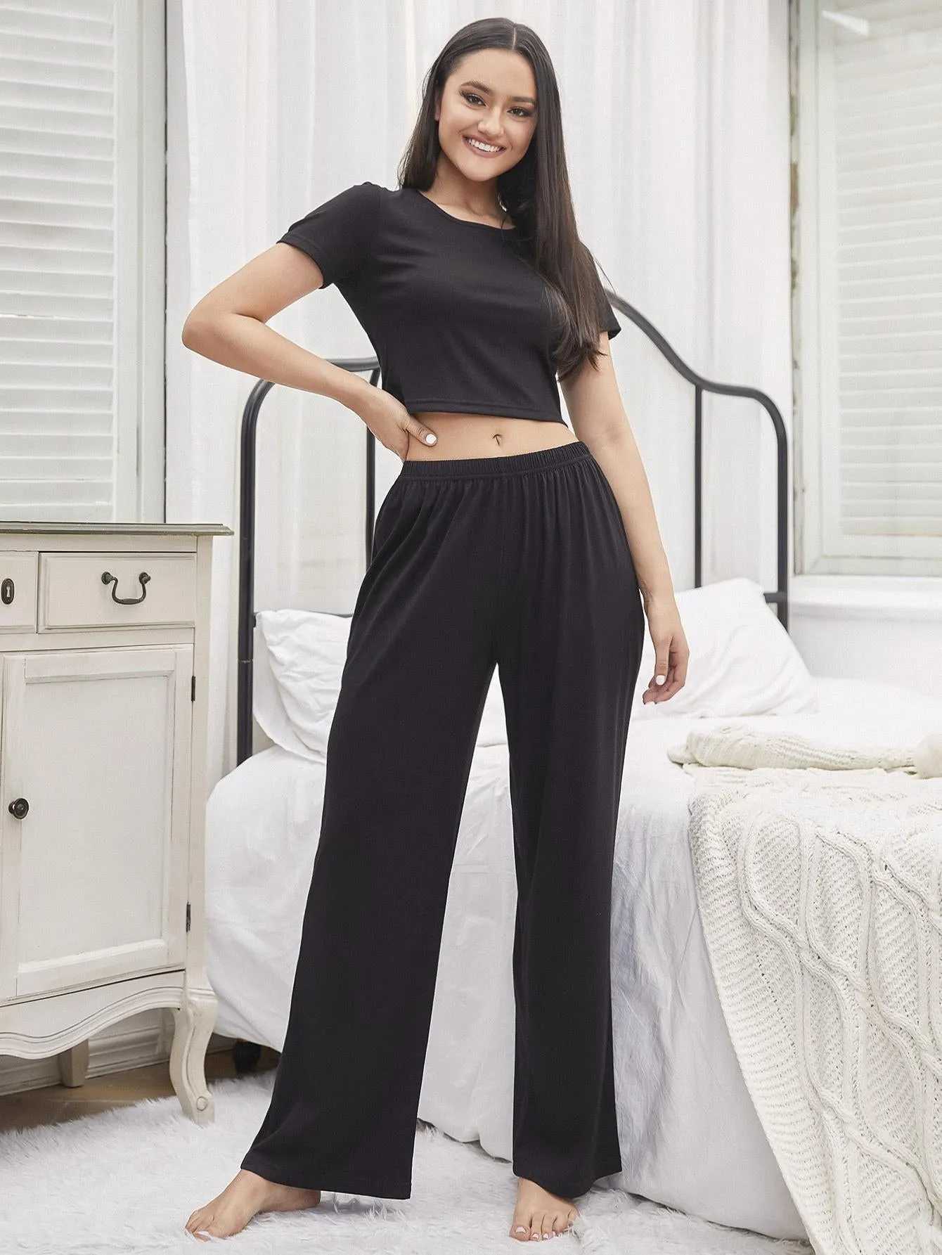Autumn Winter Solid Color Short-Sleeved Trousers Casual Suit Home Wear Pajamas for Women