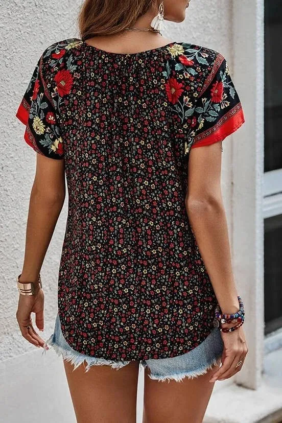 Beige Boho Print Split V Neck Flare Sleeves Blouse Large