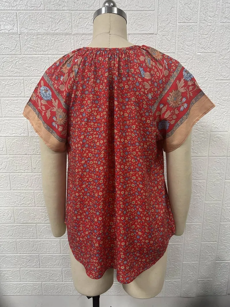 Beige Boho Print Split V Neck Flare Sleeves Blouse Large