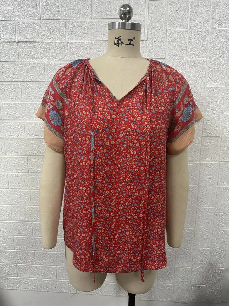 Beige Boho Print Split V Neck Flare Sleeves Blouse Large