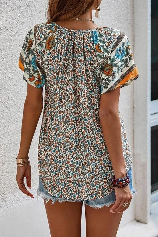 Beige Boho Print Split V Neck Flare Sleeves Blouse Large
