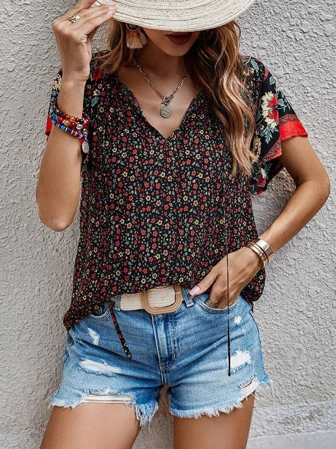 Beige Boho Print Split V Neck Flare Sleeves Blouse Large