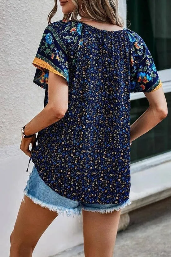 Beige Boho Print Split V Neck Flare Sleeves Blouse Large