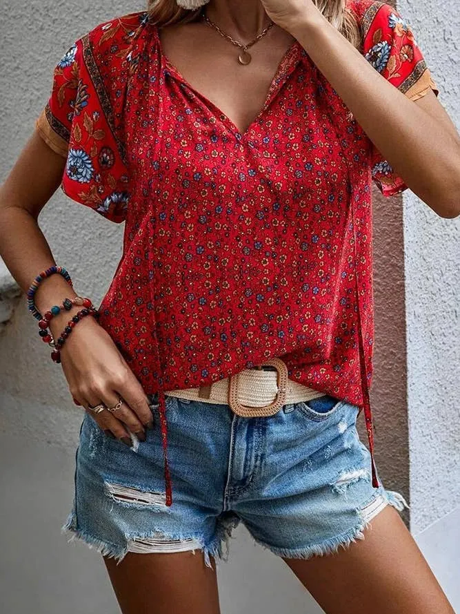 Beige Boho Print Split V Neck Flare Sleeves Blouse Large