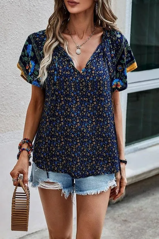 Beige Boho Print Split V Neck Flare Sleeves Blouse Large