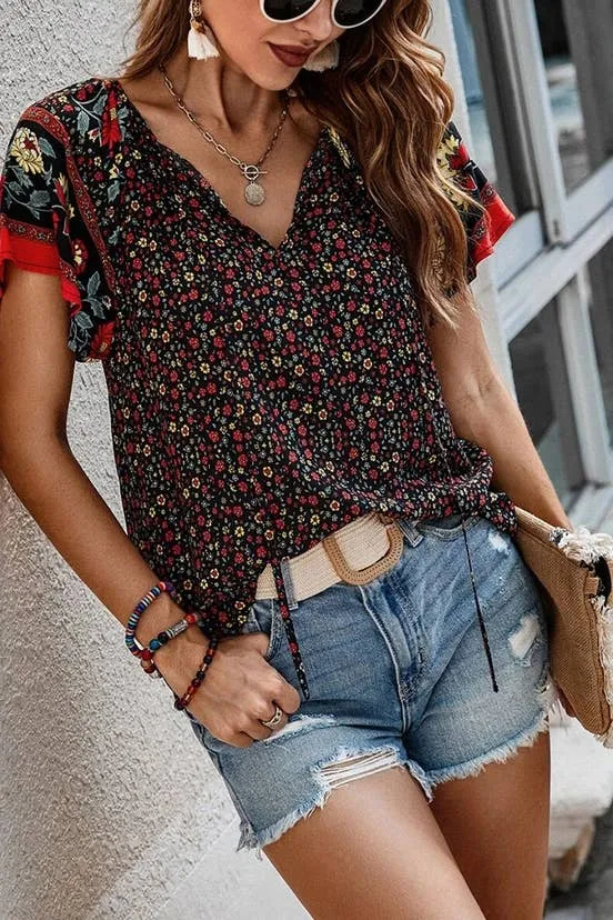 Beige Boho Print Split V Neck Flare Sleeves Blouse Large