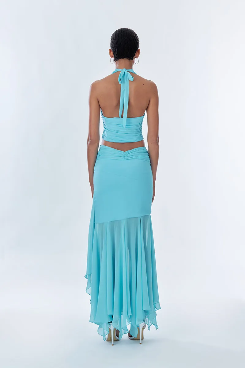 BETTA DRAPED HALTER MINI TOP IN FULLMOON BLUE