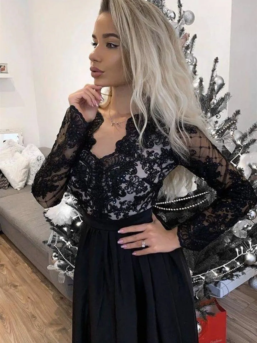 Elegant Black Long Sleeve A-Line V-Neck Satin Lace Prom Dress with High Slit - Formal Evening Gown.