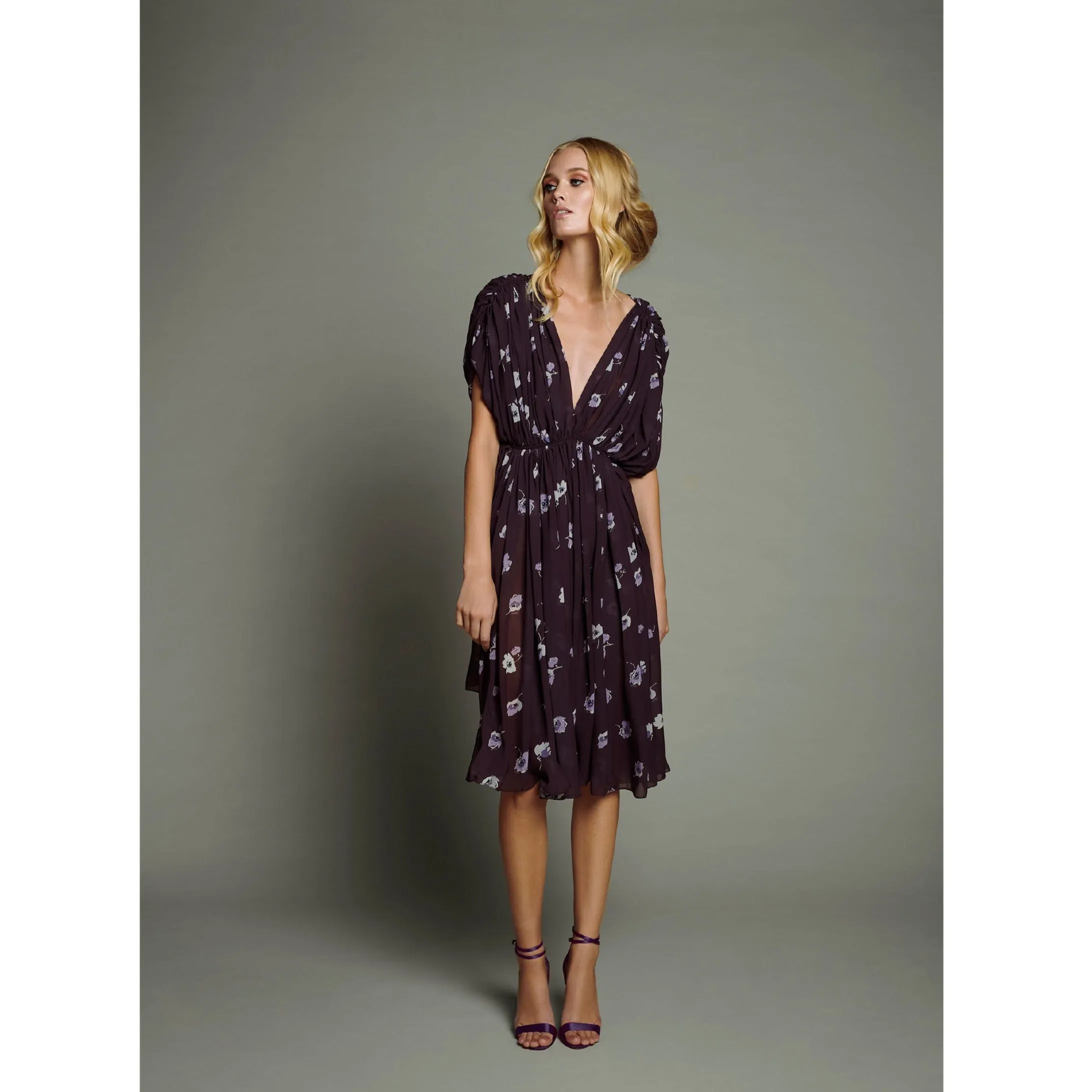 Bordeaux and Lilac Empire Line Dress with 3D Bordeaux Petals