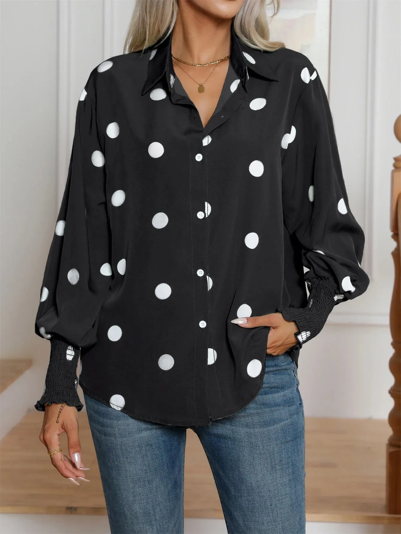 Casual Lapel Button Down Balloon Polka Dot Print Lantern Sleeve Women's Blouse