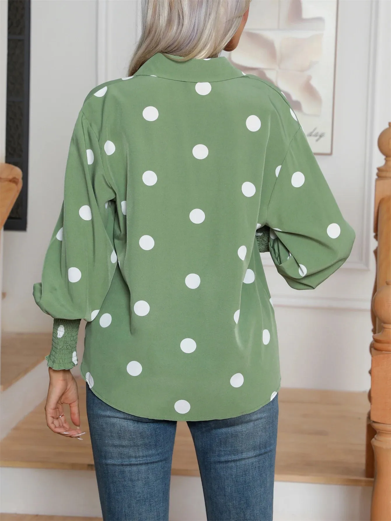 Casual Lapel Button Down Balloon Polka Dot Print Lantern Sleeve Women's Blouse