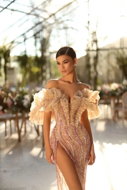 Cecelia Elegant Off Shoulder Golden Evening Dress