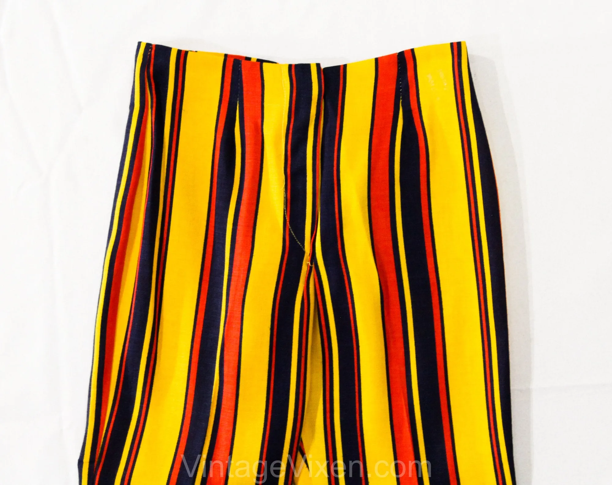 Child's Size 8 1960s Pants - Girls Mod Circus Stripes Wide Leg Trousers - Yellow Red Navy Blue 60s Children's Bell Bottoms - Waist 23