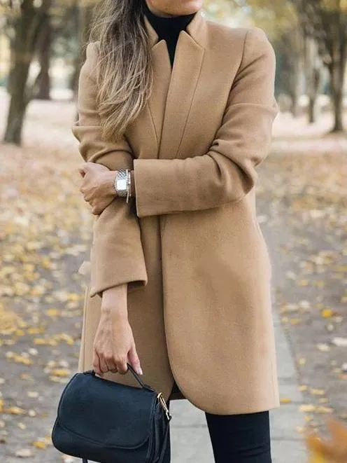 Coats Solid Stand-Collar Mid-Length Woolen Coat for Women