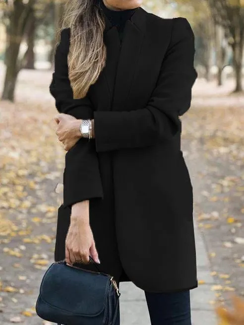 Coats Solid Stand-Collar Mid-Length Woolen Coat for Women