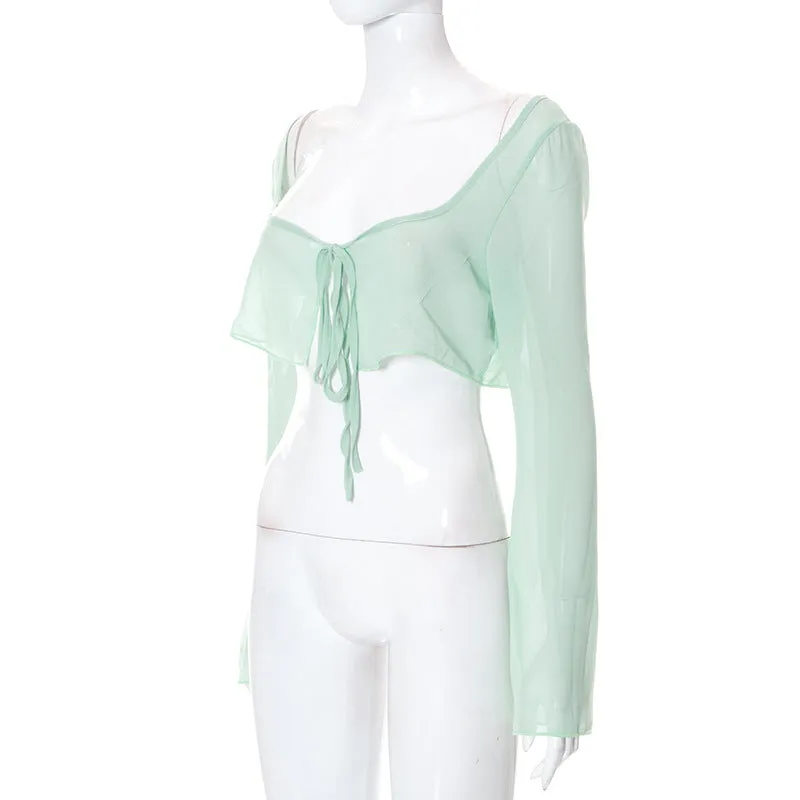 Cryptographic Elegant Mesh See Through Hot Sexy Tops and Blouses Women Summer Shirts Blouse Flare Sleeve Tie Up Tops Clothes