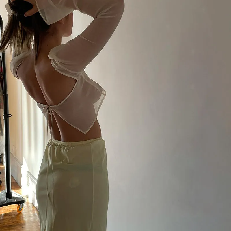 Cryptographic Elegant Mesh See Through Hot Sexy Tops and Blouses Women Summer Shirts Blouse Flare Sleeve Tie Up Tops Clothes