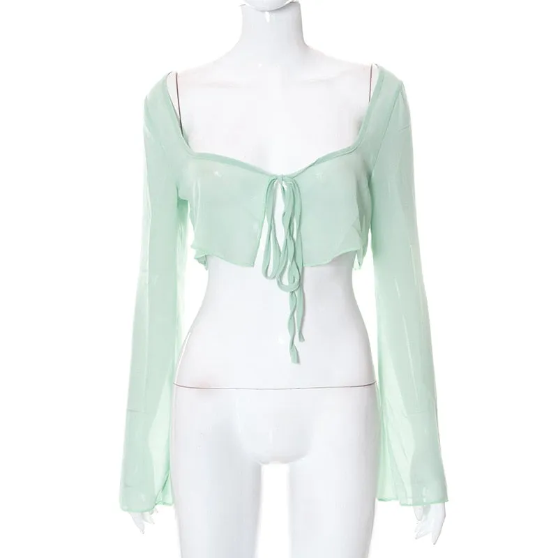 Cryptographic Elegant Mesh See Through Hot Sexy Tops and Blouses Women Summer Shirts Blouse Flare Sleeve Tie Up Tops Clothes
