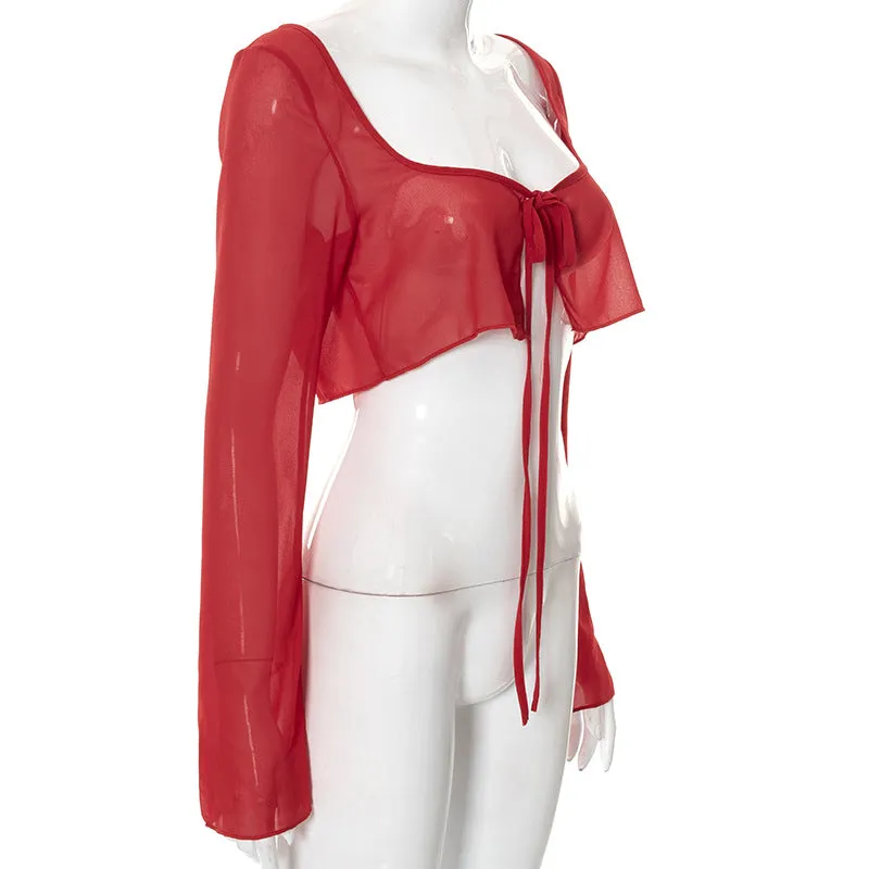 Cryptographic Elegant Mesh See Through Hot Sexy Tops and Blouses Women Summer Shirts Blouse Flare Sleeve Tie Up Tops Clothes