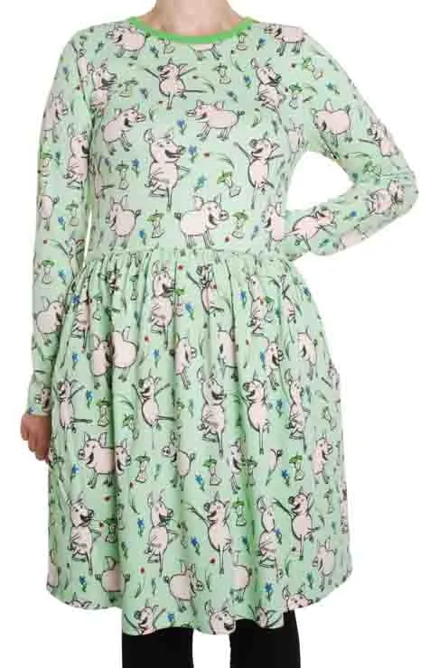 DUNS Adult LS Gathered Dress - Dancing Pig Green