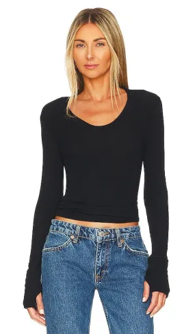 Enza Costa Cashmere Easy Cuffed U Top in Black