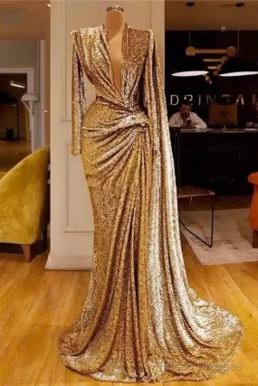 Gold Evening Dresses A-Line V-Neck Long Sleeves Sequins Long Turkey Dubai Saudi Arabic Evening Gown Prom Dresses