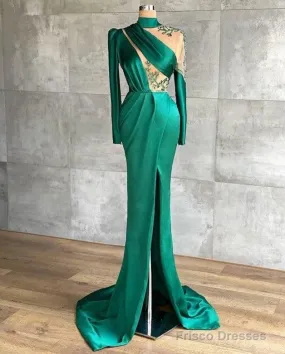 Green Robe De Soiree Sheath Long Sleeves Satin Beaded Slit Sexy Long Prom Dresses Prom Gown Evening Dresses
