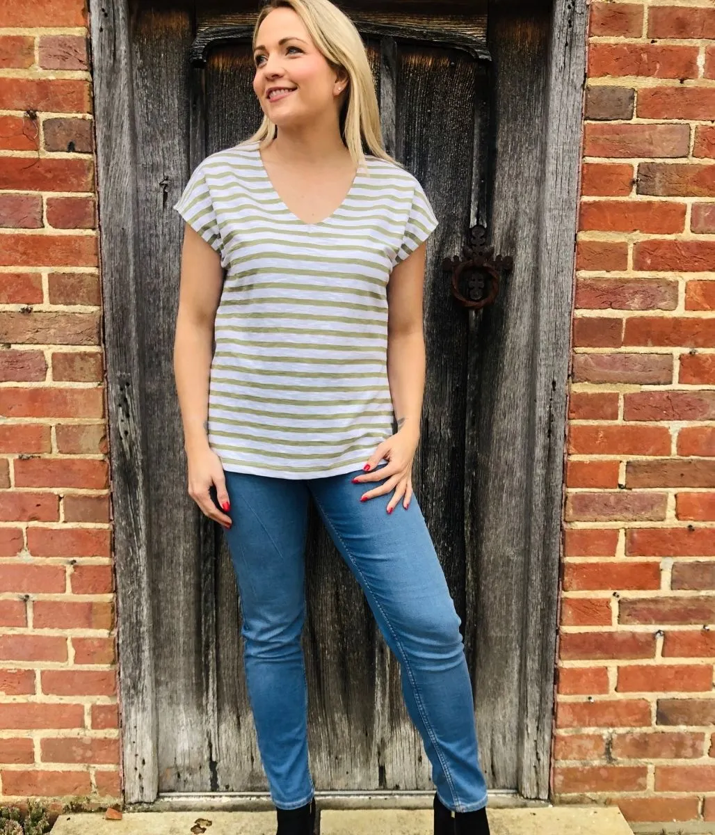 Green Striped Cotton V Neck Top