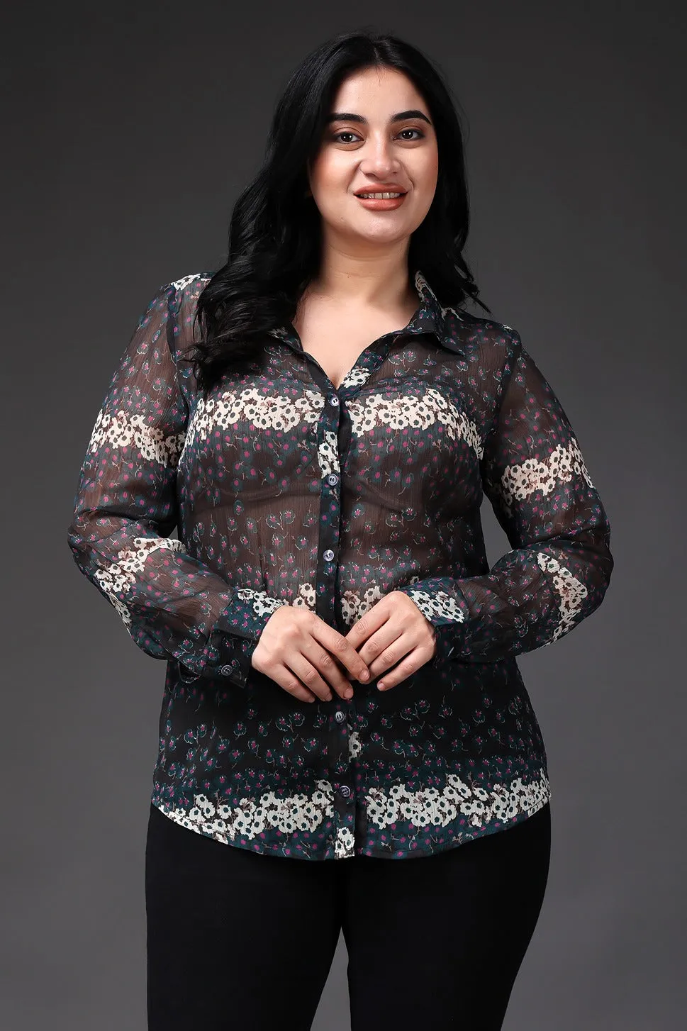 Grey & White Floral Printed Shirt
