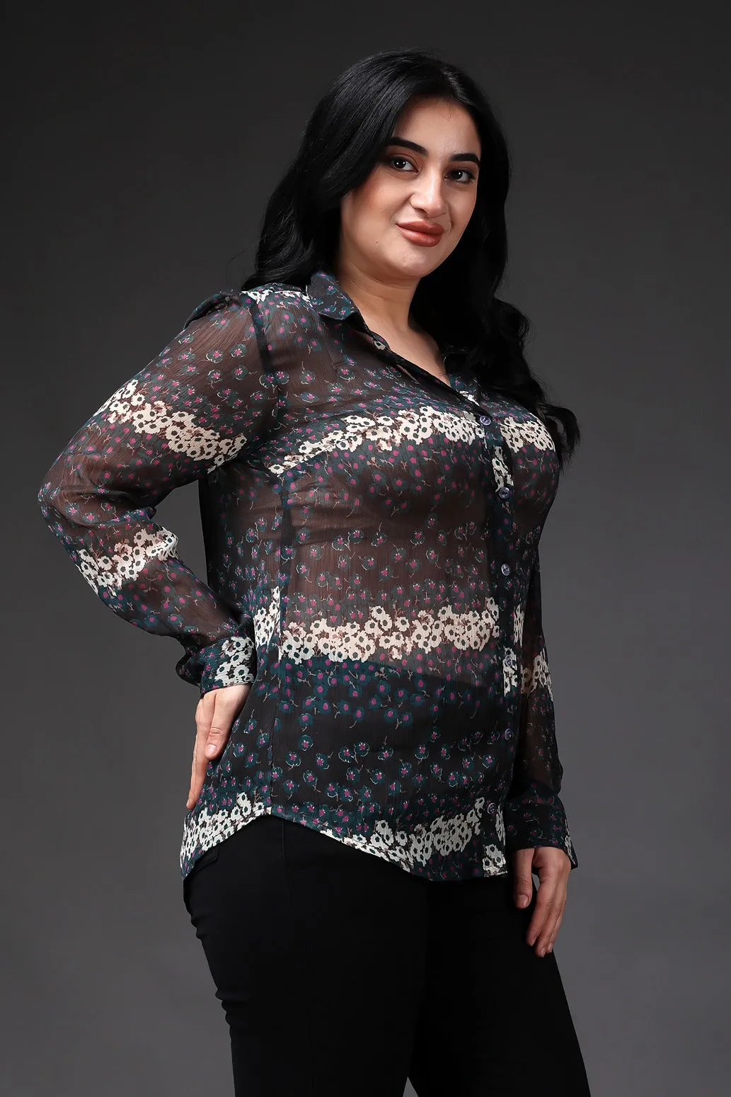 Grey & White Floral Printed Shirt