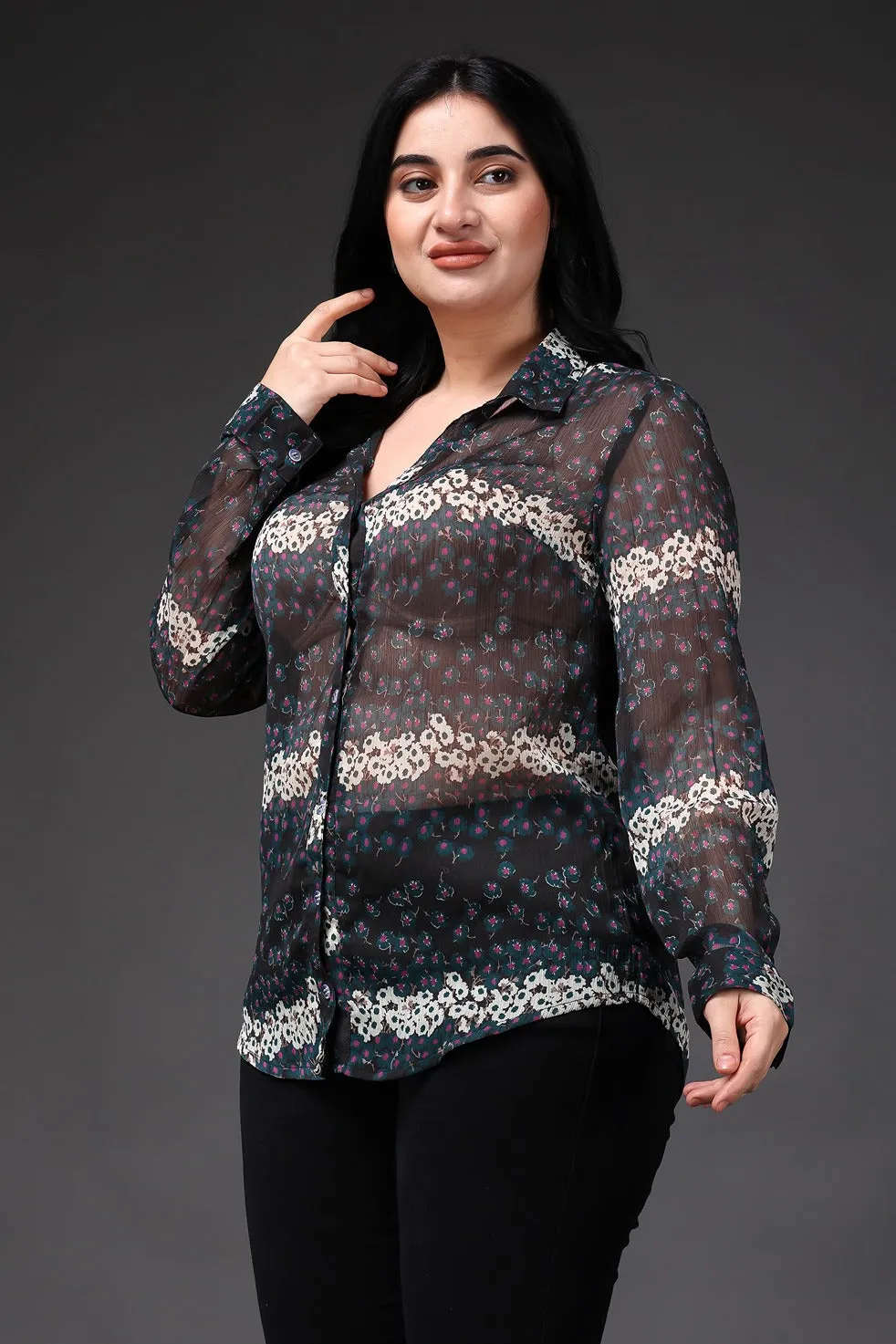 Grey & White Floral Printed Shirt