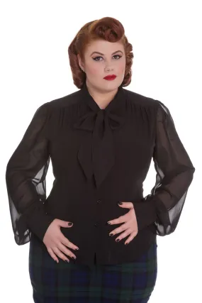 Hell Bunny Bow Tie Collar Lantern Sleeve Chiffon Blouse Evening Party Casual Shirt