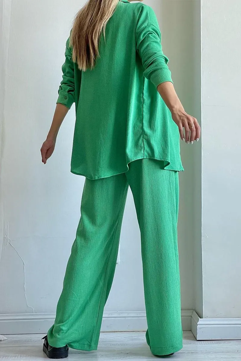hulianfu Casual Solid Draw String Fold Turndown Collar Long Sleeve Three Pieces(Shirt vest trousers)