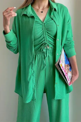 hulianfu Casual Solid Draw String Fold Turndown Collar Long Sleeve Three Pieces(Shirt vest trousers)