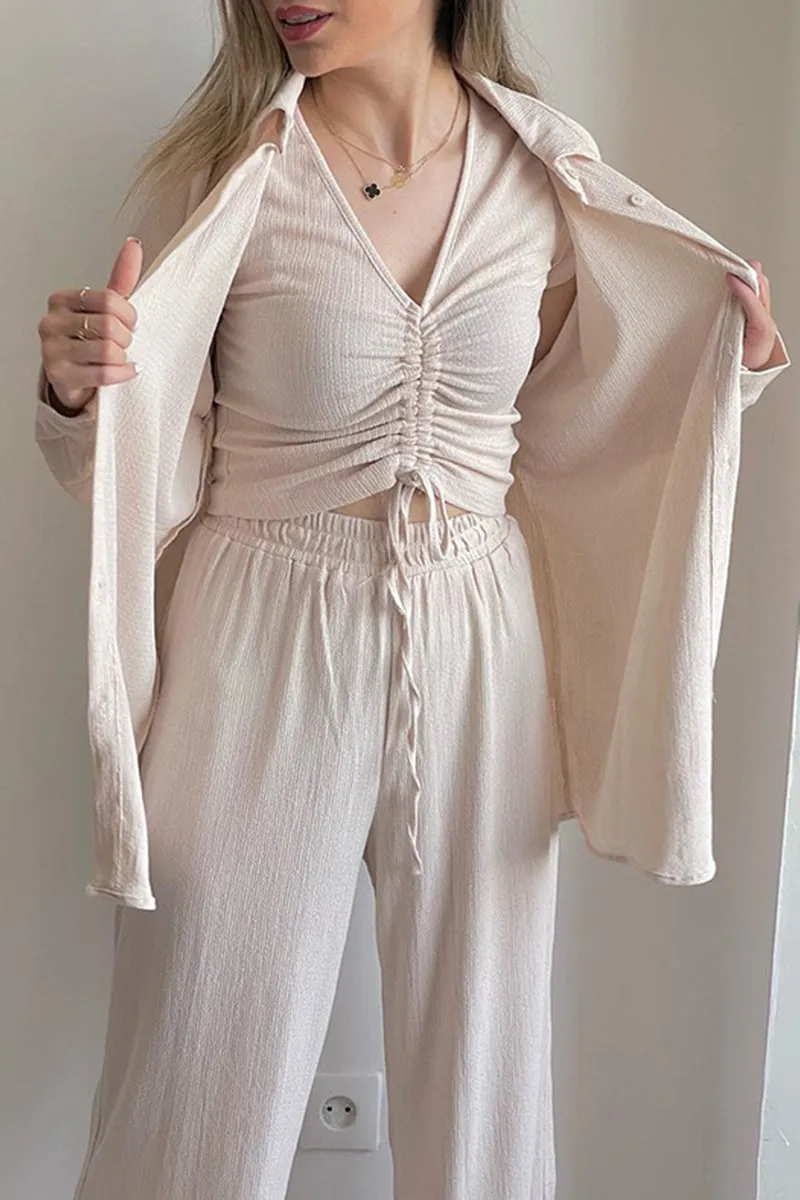 hulianfu Casual Solid Draw String Fold Turndown Collar Long Sleeve Three Pieces(Shirt vest trousers)