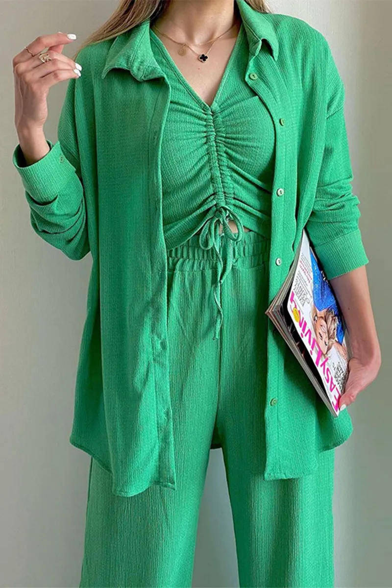 hulianfu Casual Solid Draw String Fold Turndown Collar Long Sleeve Three Pieces(Shirt vest trousers)