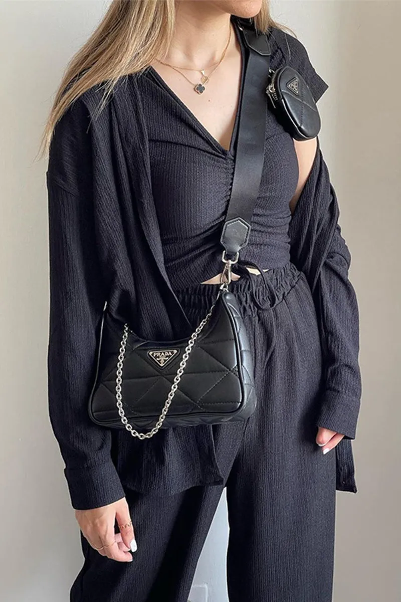 hulianfu Casual Solid Draw String Fold Turndown Collar Long Sleeve Three Pieces(Shirt vest trousers)