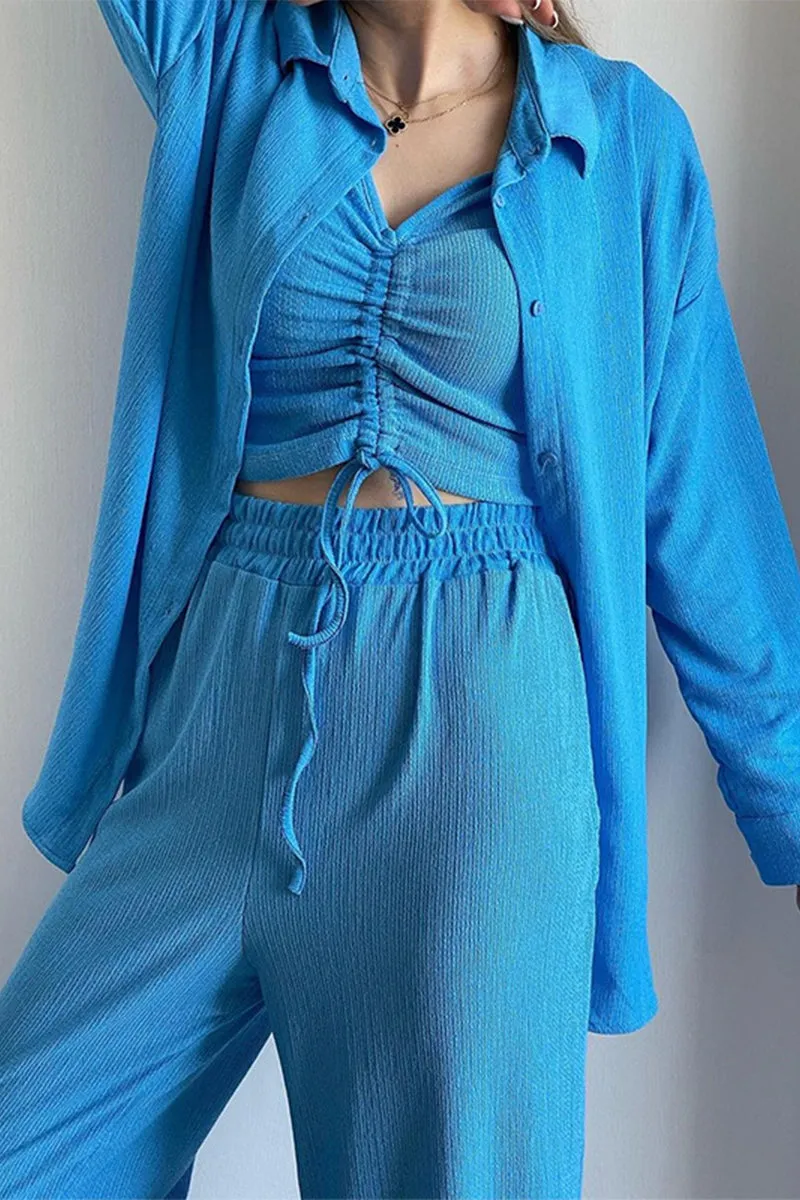 hulianfu Casual Solid Draw String Fold Turndown Collar Long Sleeve Three Pieces(Shirt vest trousers)