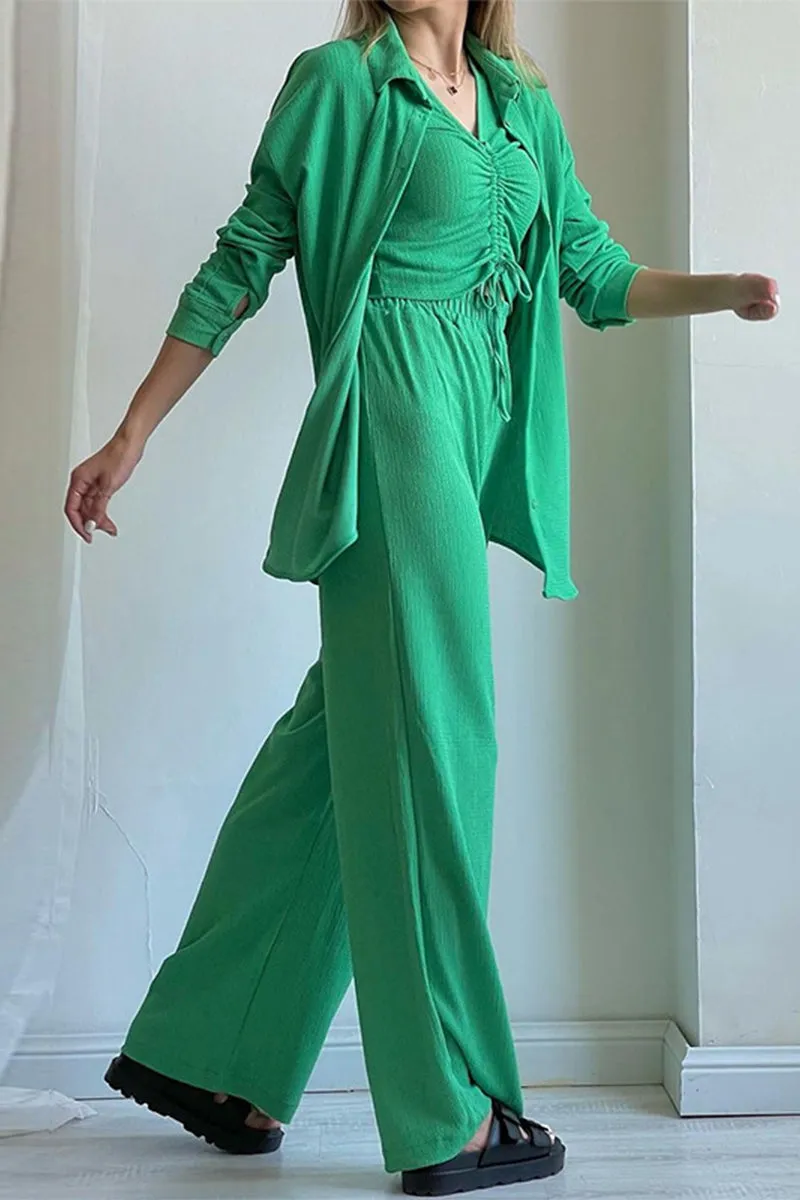 hulianfu Casual Solid Draw String Fold Turndown Collar Long Sleeve Three Pieces(Shirt vest trousers)