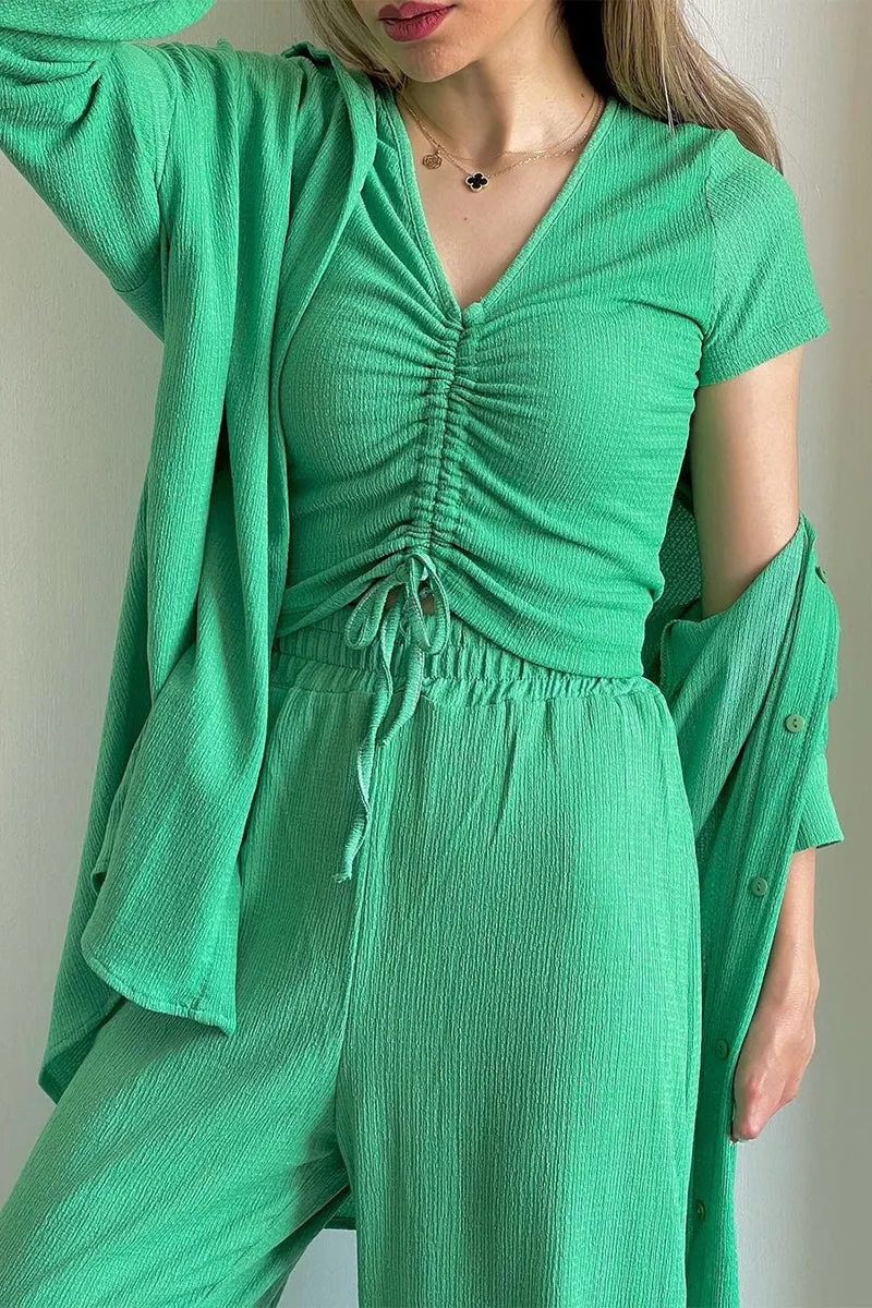 hulianfu Casual Solid Draw String Fold Turndown Collar Long Sleeve Three Pieces(Shirt vest trousers)