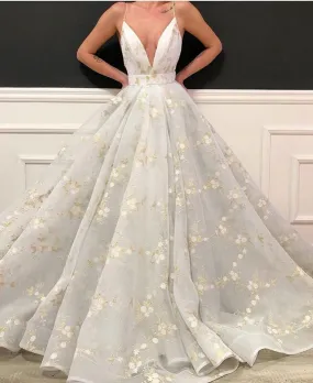 Kaliyah Deep-V-Neck Flowers Weeding Dress