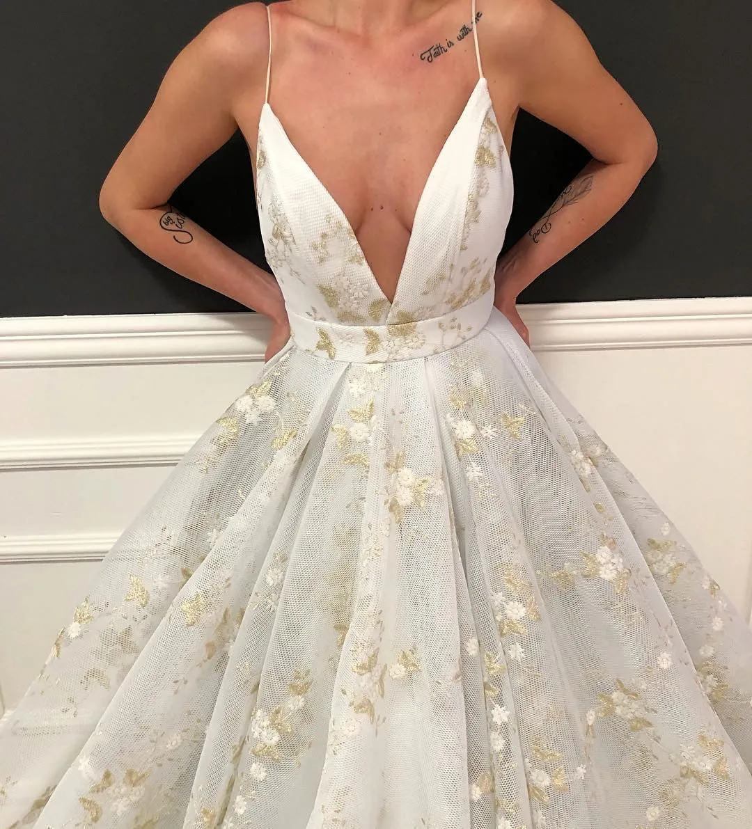 Kaliyah Deep-V-Neck Flowers Weeding Dress