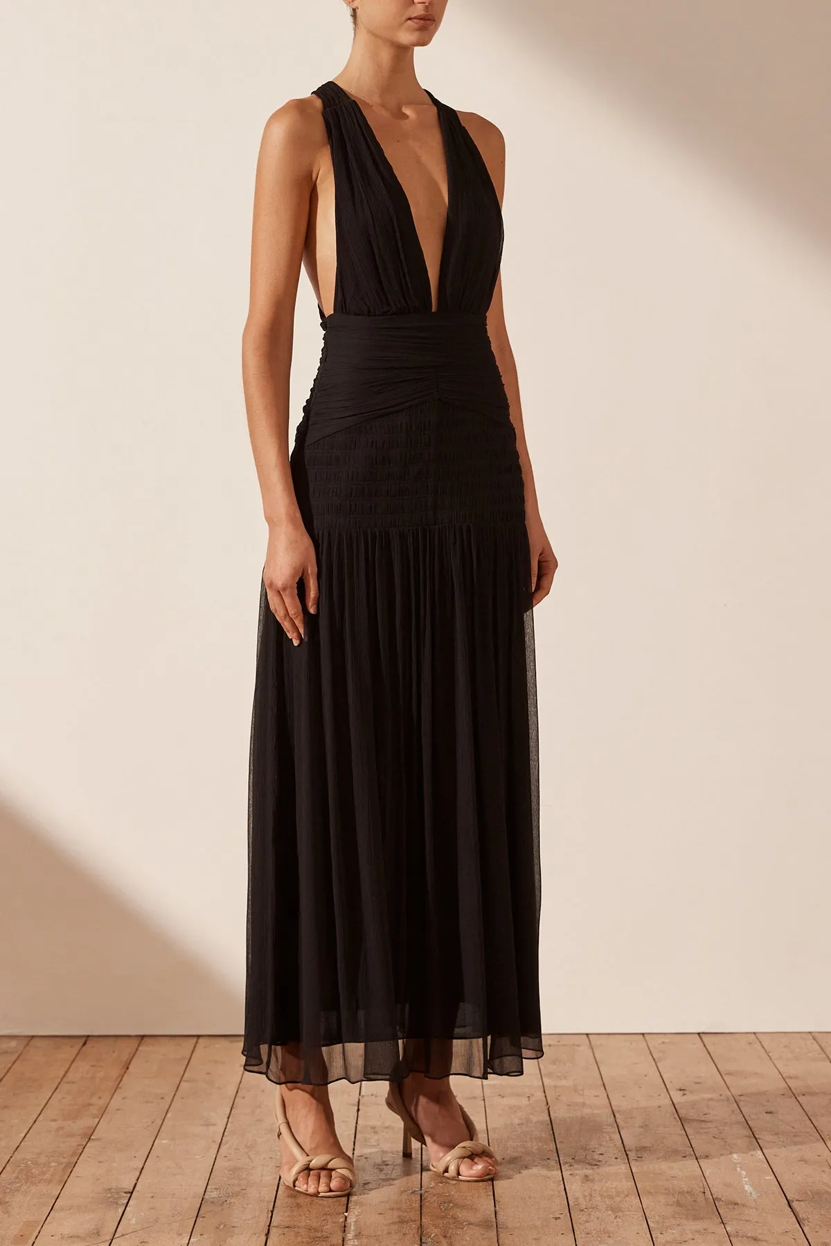 LAUREN PLUNGED TIE BACK MIDI DRESS - BLACK