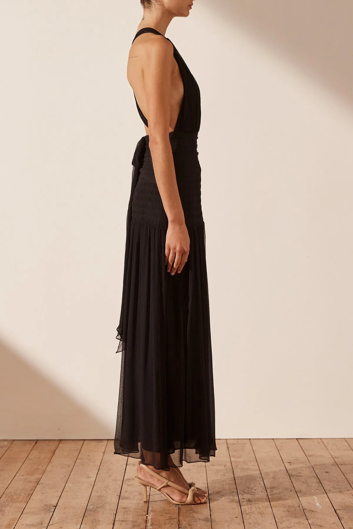 LAUREN PLUNGED TIE BACK MIDI DRESS - BLACK