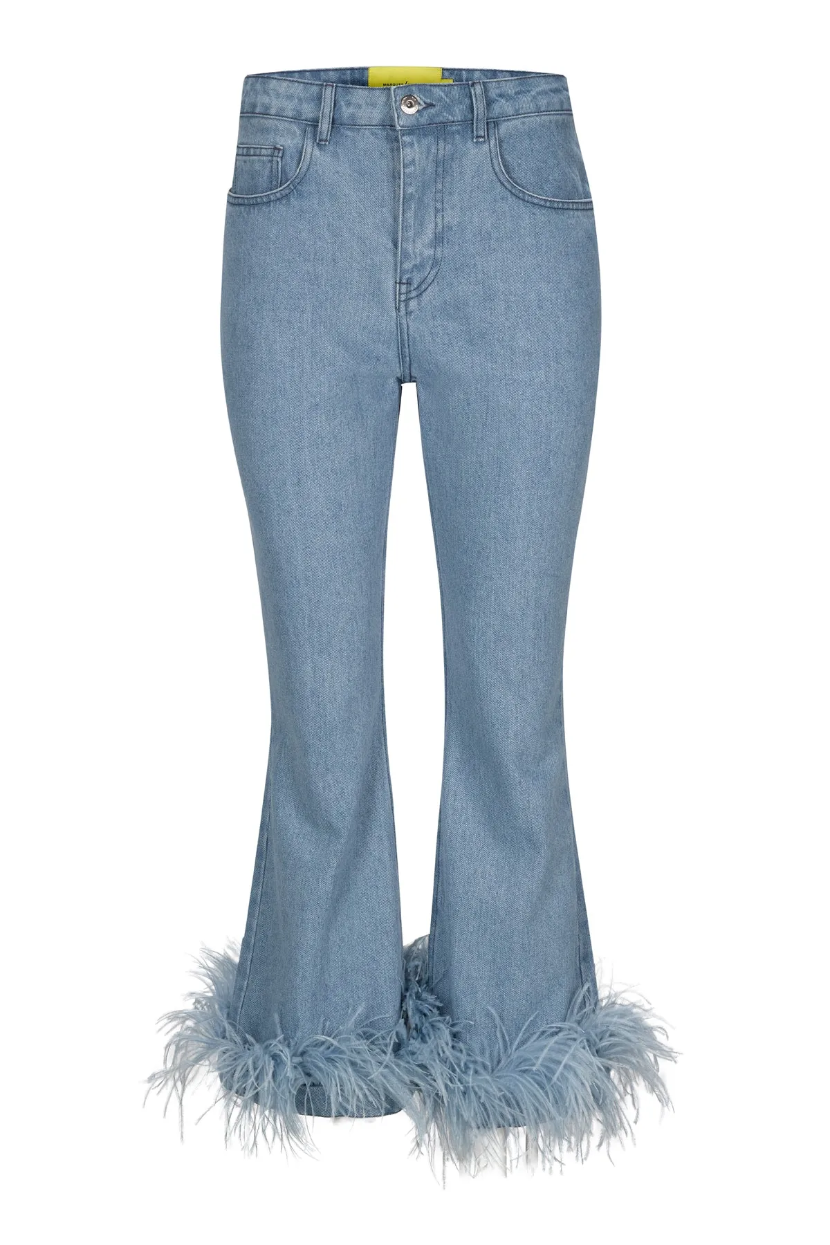 LIGHT BLUE FEATHER HEM CAPRI JEANS